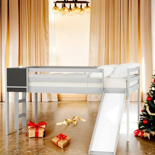 slide 2 of 15, Elegant Design Full size Loft Bed Wood Bed,with Slide, Stair and Pine Wood Frame & Chalkboard, Gray