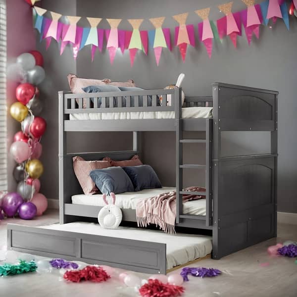 slide 2 of 31, Full Over Full Bunk Bed With Twin Size Trundle And Guardrails Sturdy Construction Grey