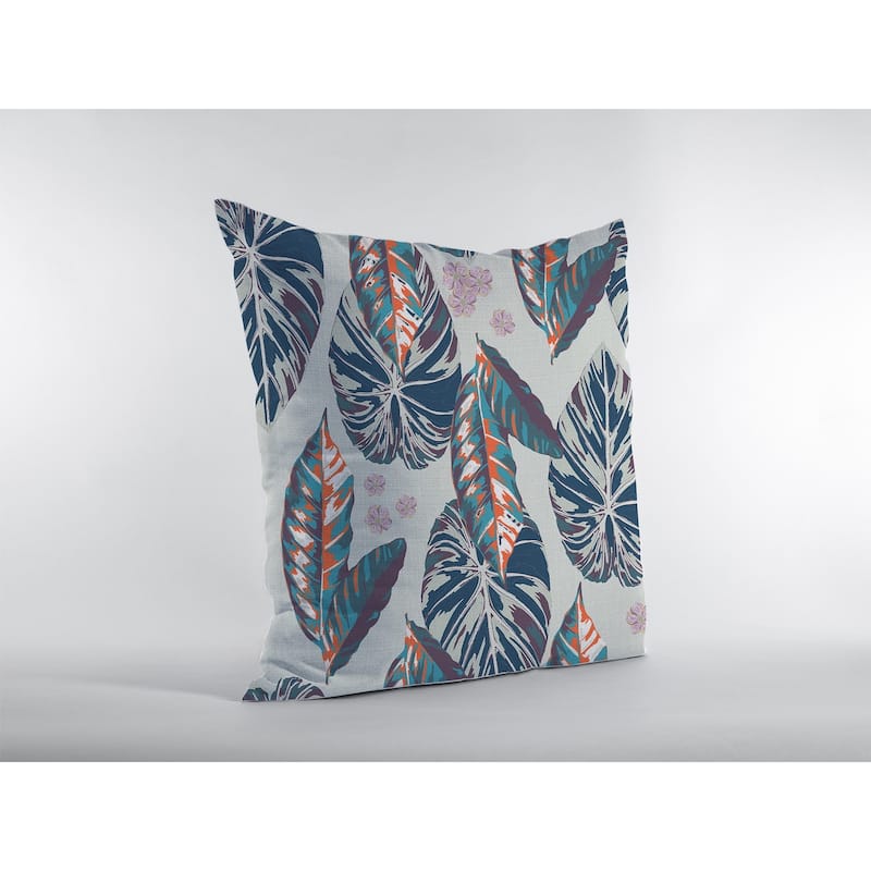 18" Blue Gray Tropical Leaf Zippered Suede Throw Pillow