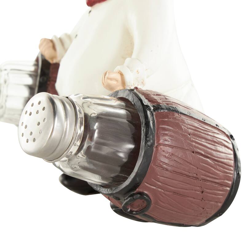 White Polystone Figurine Chef Salt and Pepper Shaker Holder with Wood Barrel Accents