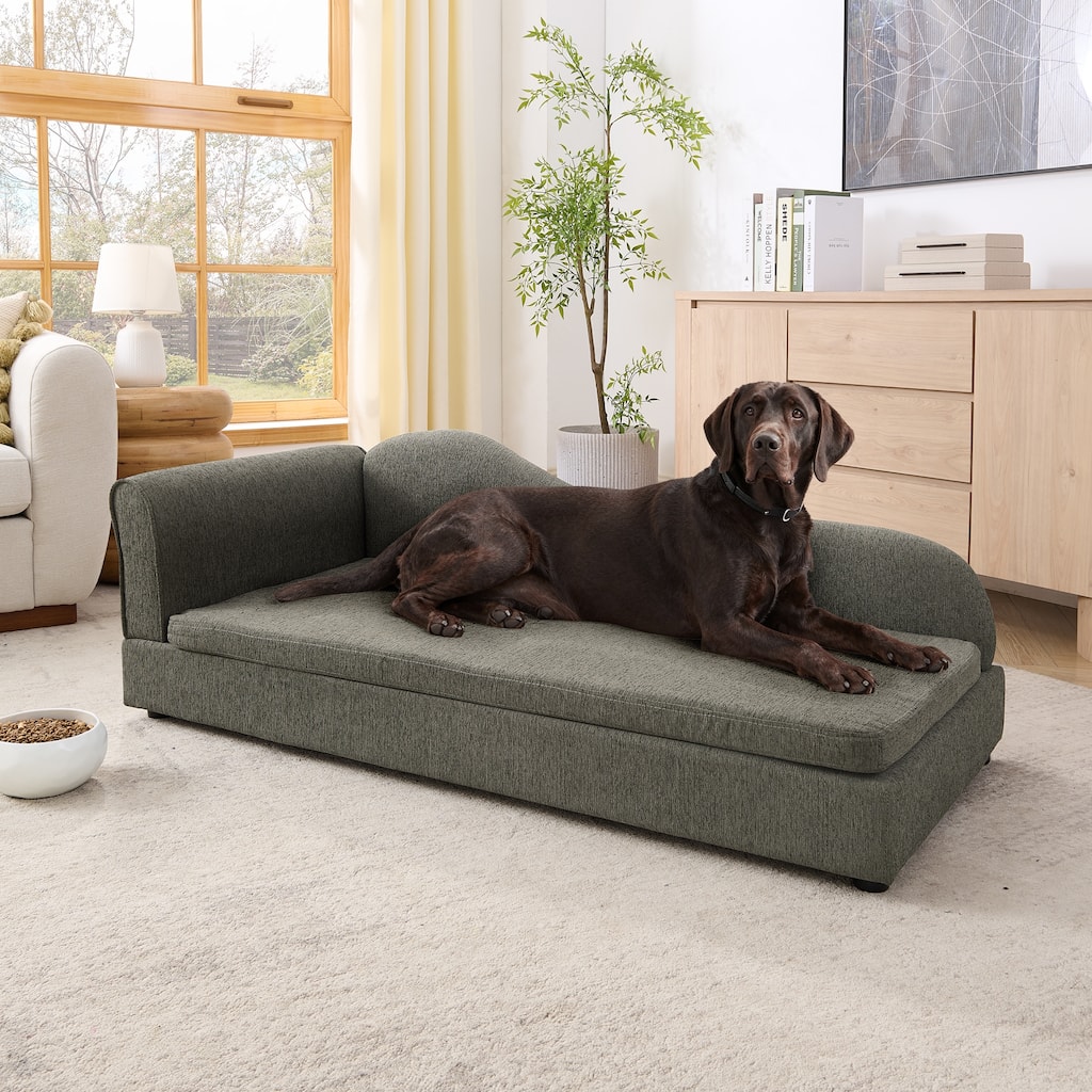 Oversized Pet Sofa, Elegant Modern Linen Fabric Elevated Dog Sofa Bed, Oversized Rectangular Pet Bed with Backrest & Armrest
