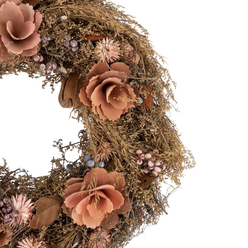 Orange and Coral Pink Twig and Floral Autumn Harvest Wreath 13.75-Inch Unlit - 13.75"