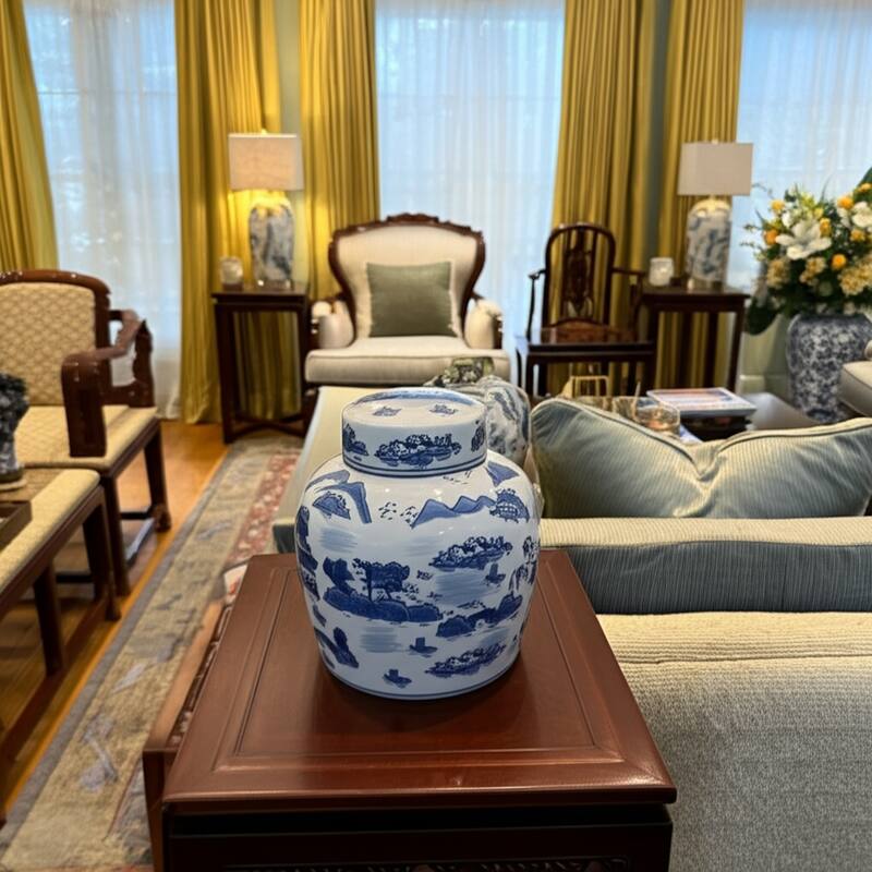 Rectangular Chinoiserie Ceramic Table Jar with Lid