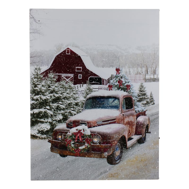 LED Lighted Fiber Optic Truck with Tree Christmas Canvas Wall Art 15.75" x 11.75"