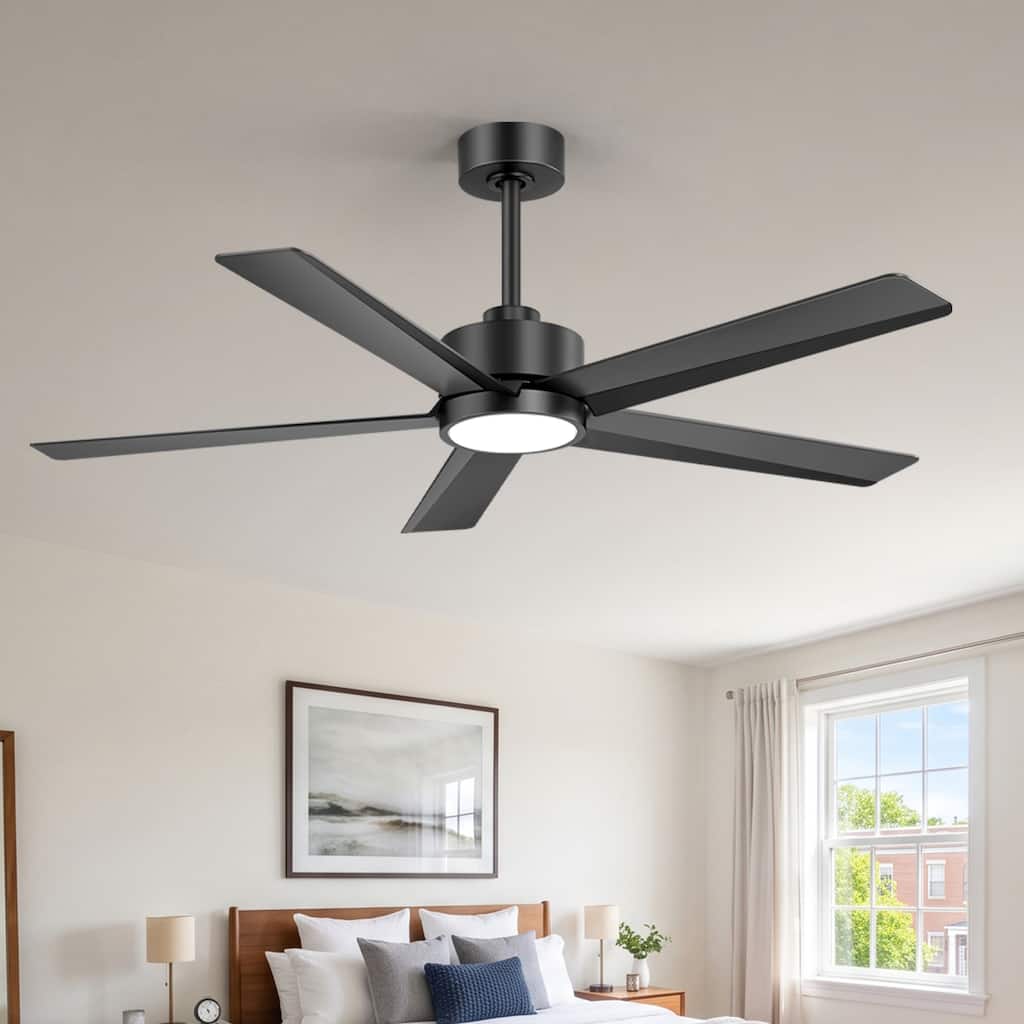 52-Inch Modern Ceiling Fan with LED Light and Remote, Quiet Reversible DC Motor, 3CCT, 6-Speed Black Indoor Fan - 52 in