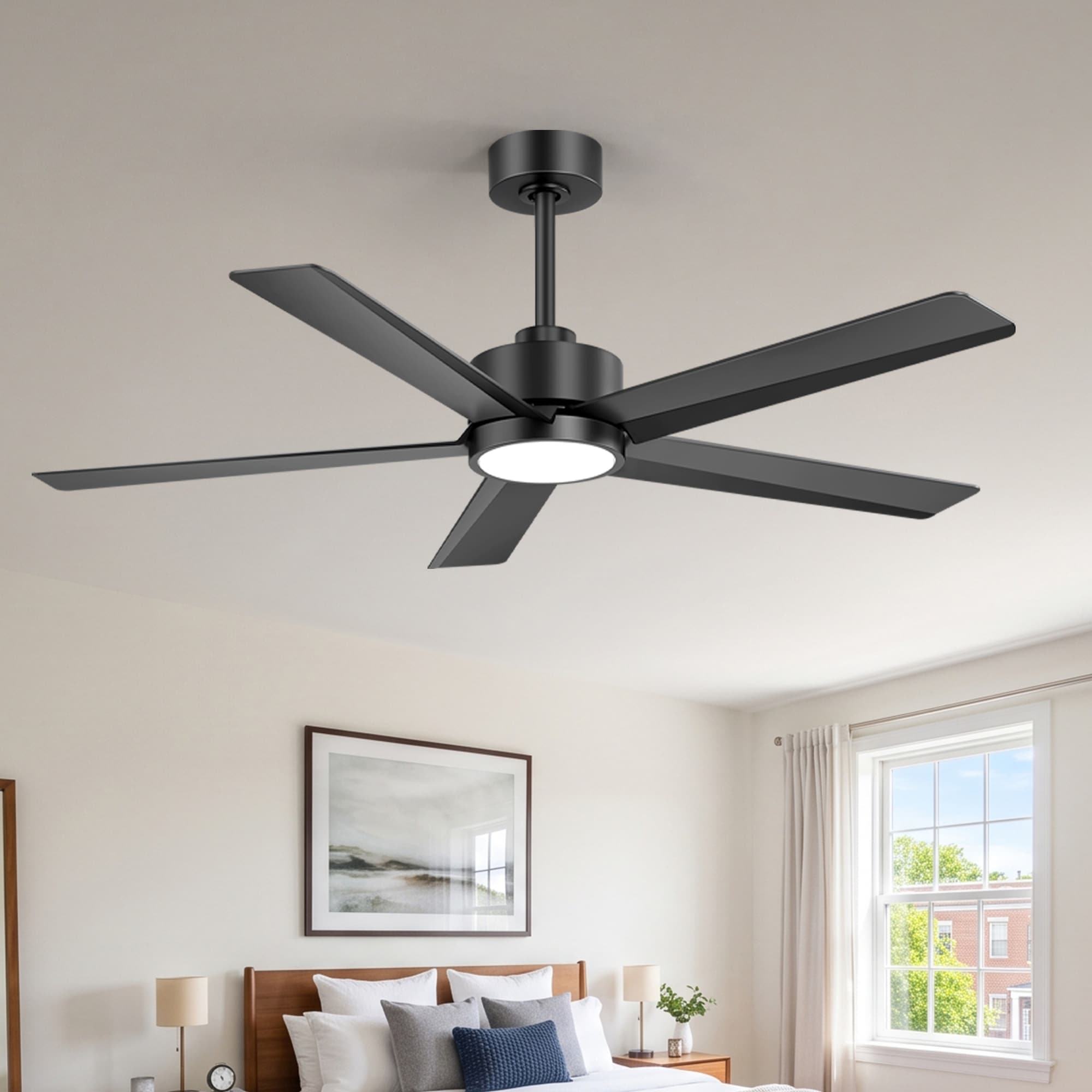 52-Inch Modern Ceiling Fan with LED Light and Remote, Quiet Reversible DC Motor, 3CCT, 6-Speed Black Indoor Fan - 52 in