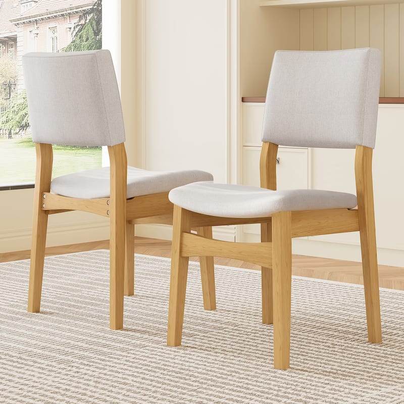 Set of 2 Upholstered Stackable Dining Chairs: Linen Fabric Seat & Backrest, Solid Wood Rustic Kitchen Chairs - Oak