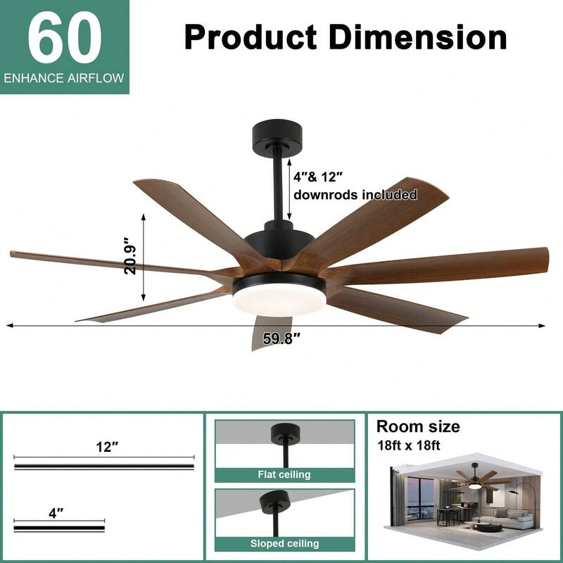 Cusp Barn 60 Inch Black Large Ceiling Fans with Lights and Remote, Modern 6 Speeds Quiet Reversible DC Motor Ceiling Fan