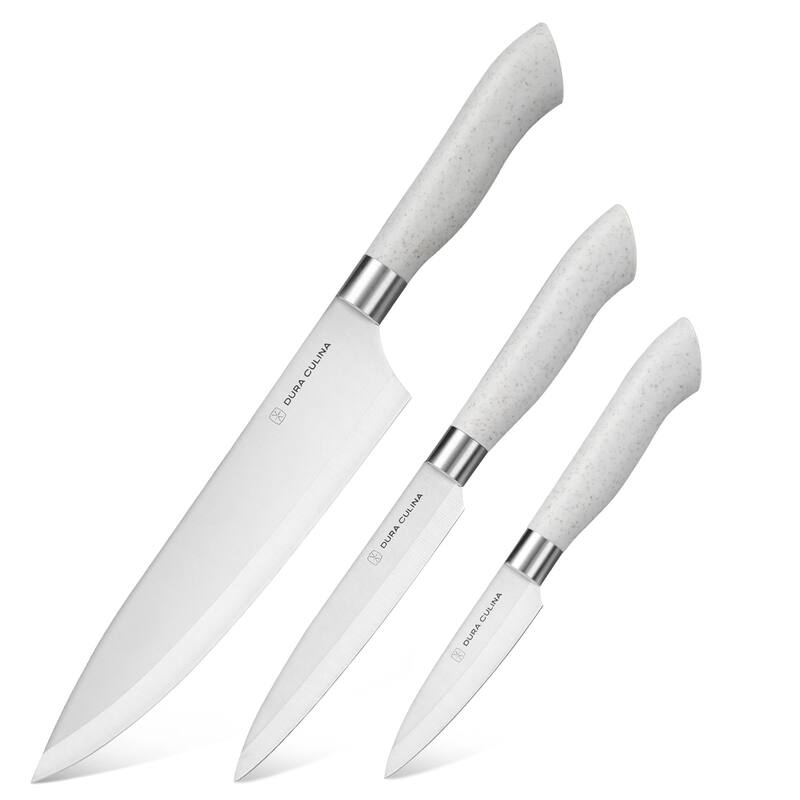 Dura Living EcoCut 3-Piece Kitchen Knife Set - High Carbon Stainless Steel Blades, Eco-Friendly Handles with Sheaths - Grey - 6 Piece