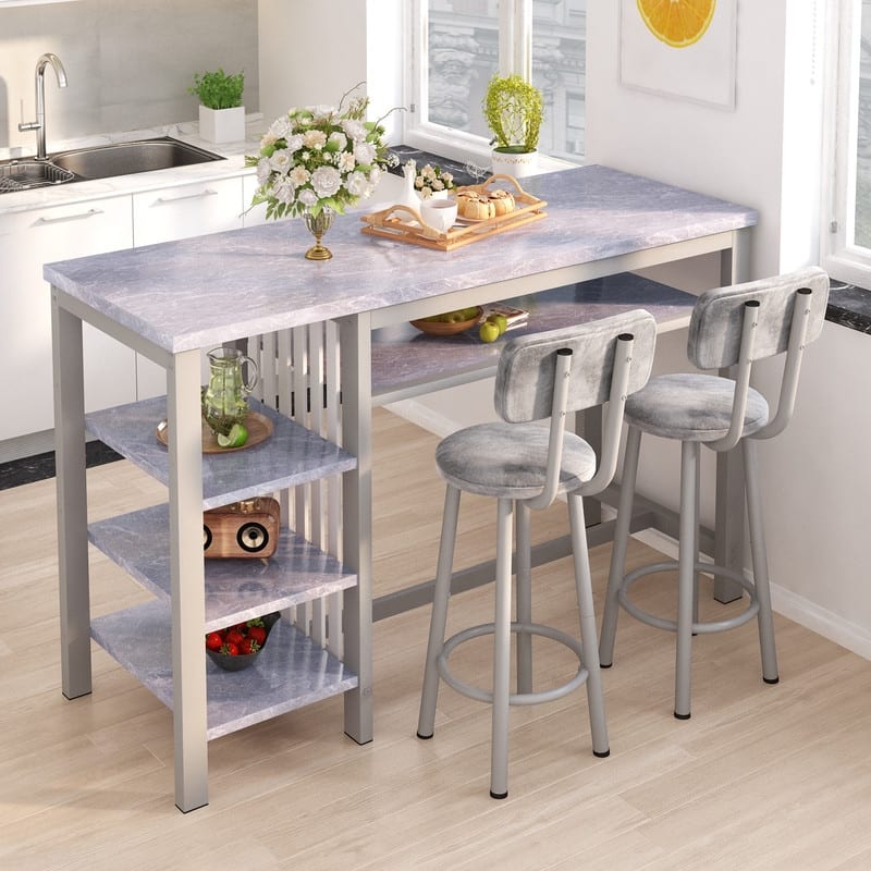 3-Piece Dining Room Table Set with 2 Upholstered Bar Stools, Modern Farmhouse Bar Table Set for 2 with Multiple Tier Shelves