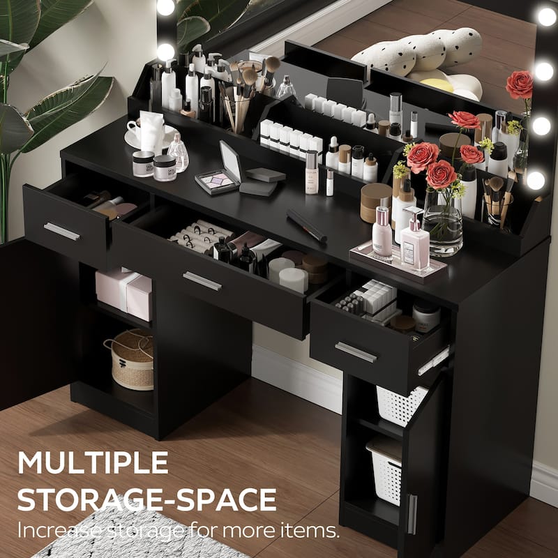 Modern Makeup Vanity with Mirror,3 Drawers & 2 Vertical Cabinets