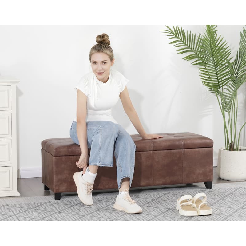 Adeco 48" Faux Leather Storage Ottoman Bench with Double-Stitch - 48.4"x14.96"x15.35"