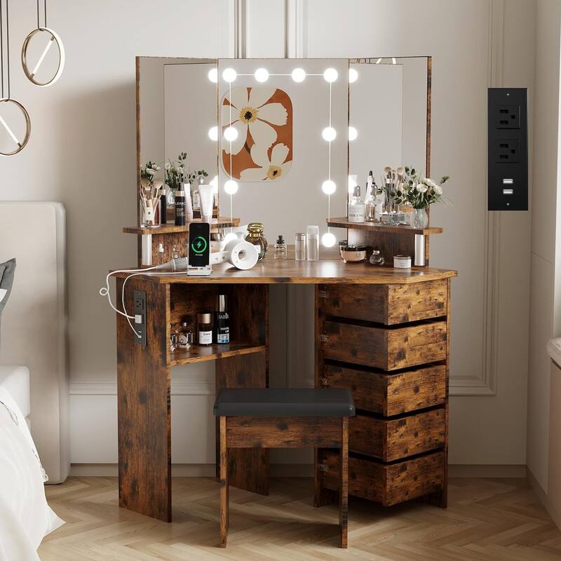 Makeup Vanity Desk with Lights & Power Outlet, Corner Vanity Table with 5 Rotating Drawers - brown