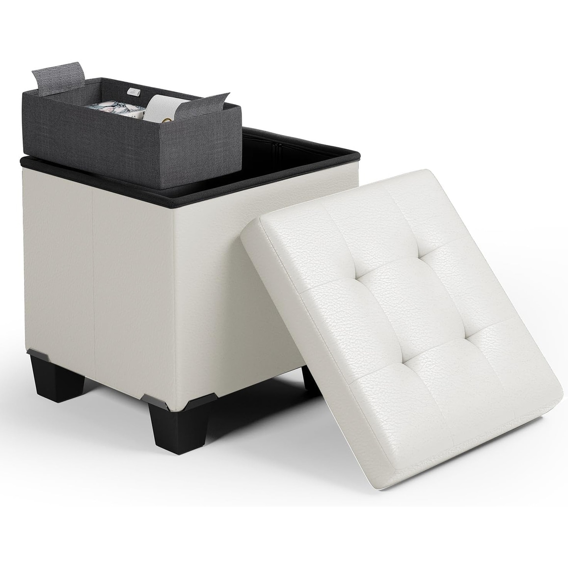 Storage Ottoman Cube with Bin, 15-Inch Square Foot Rest for Living Room, Bedroom, White Faux Leather, Max 660lbs