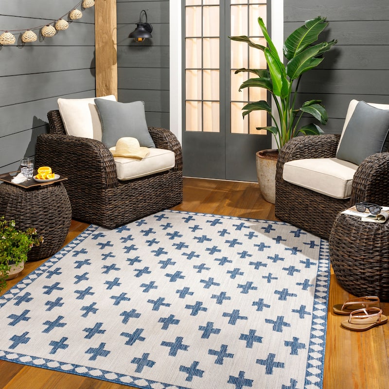 Livabliss Boronia Indoor/ Outdoor Mod Geometric Area Rug - 2'7" x 7'3" Runner - Grey/Blue