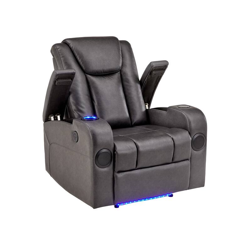 Terlingua Gray Vegan Leather LED Power Recliner with Speaker, Storage, USB and Wireless Charger by iNSPIRE Q Classic