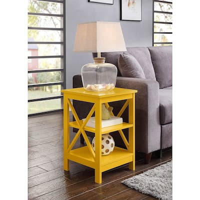 End Table with Shelves and X Frame Panels, Transitional Side Table w/ 3 Open Tiers for Décor, Books and Living Room Storage