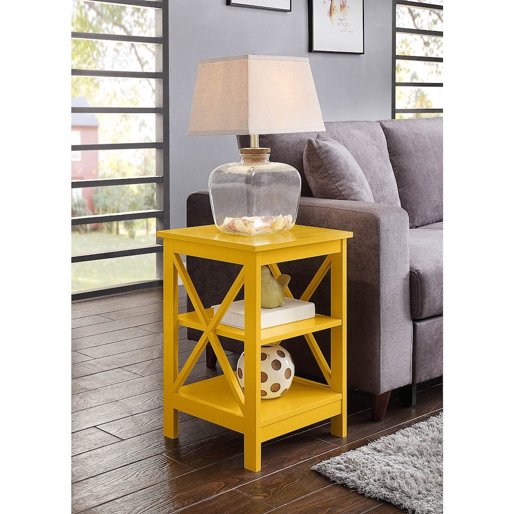 End Table with Shelves and X Frame Panels, Transitional Side Table w/ 3 Open Tiers for Décor, Books and Living Room Storage