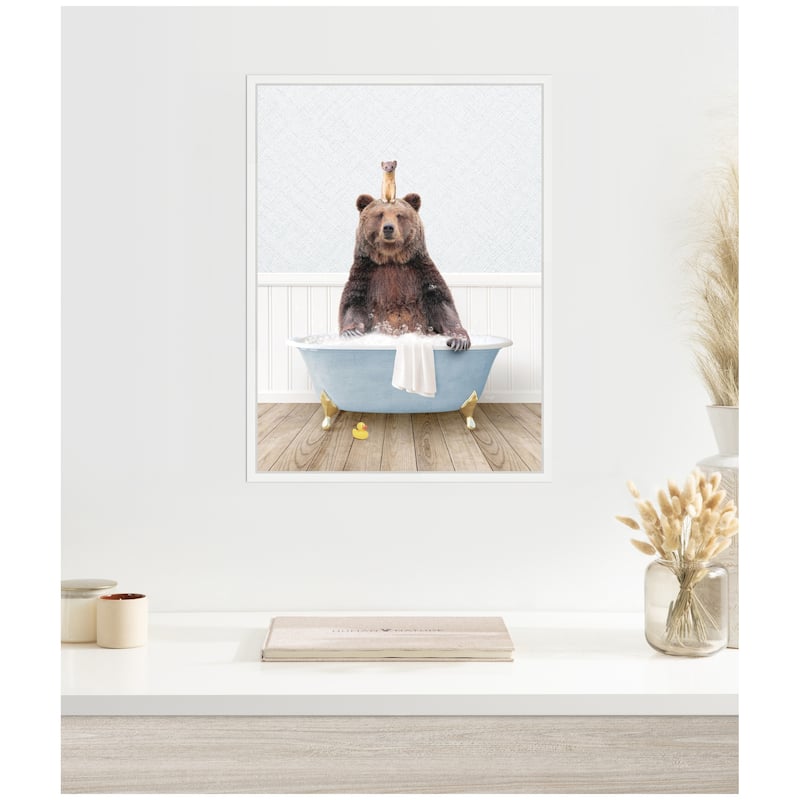 Kate and Laurel Sylvie Bear and Weasel in Cottage Blue Bathtub Framed Canvas by Amy Peterson