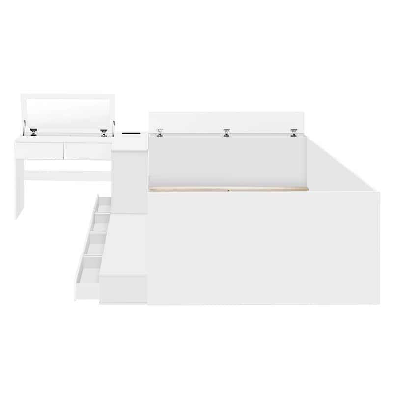 Full Size Wooden Platform Bed With 6 Drawers, Shelves And Dressing Table