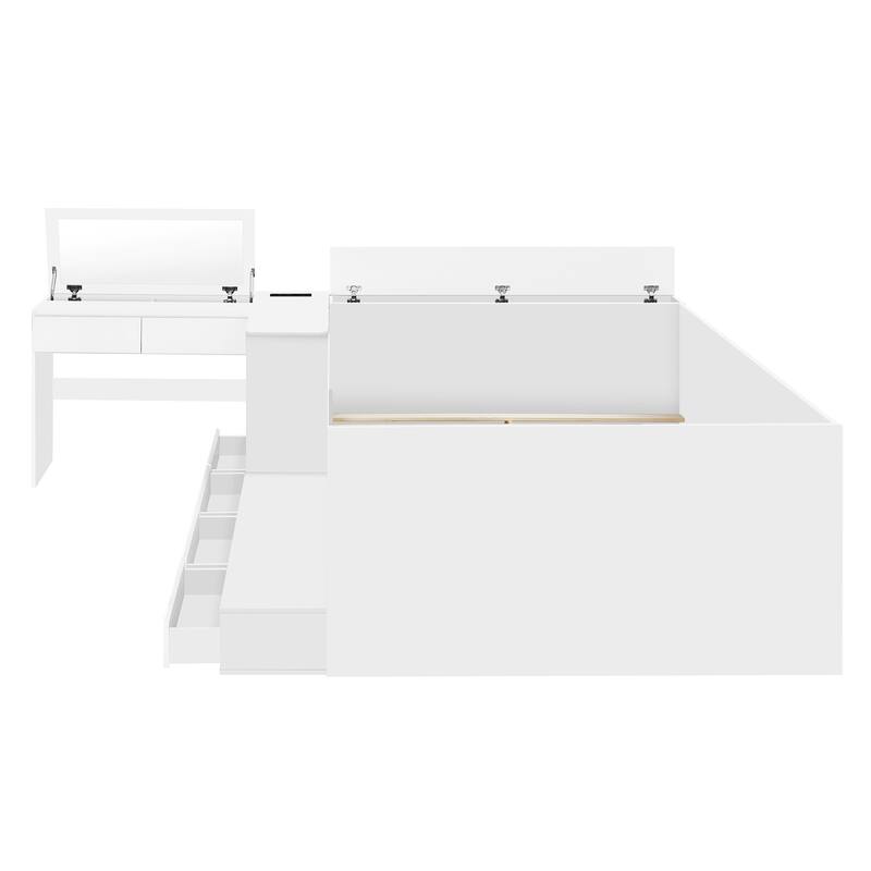 Roomfitters Full Platform Bed Frame with Integrated Vanity Desk, Underbed Storage Bins and Workstation, White