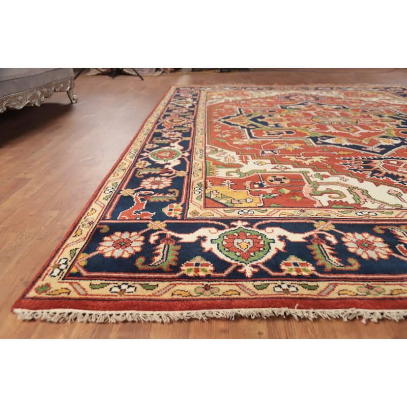 Orange Geometric Heriz Serapi Indian Area Rug Hand-Knotted Wool Carpet - 8'11" x 11'11"