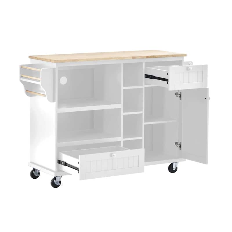 Rubberwood Kitchen Cart with Microwave Storage Rack, Exterior Shelves, and Two Drawers
