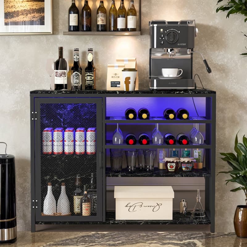 Modern Bar Sideboard Buffet Storage Cabinet with LED Lights and USB Socket, Black Wine Bar Cabinet - 43.31In*13.78in*32.87in