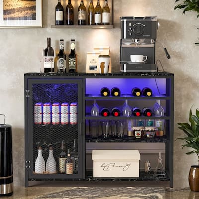 Modern Bar Sideboard Buffet Storage Cabinet with LED Lights and USB Socket, Black Wine Bar Cabinet - 43.31In*13.78in*32.87in
