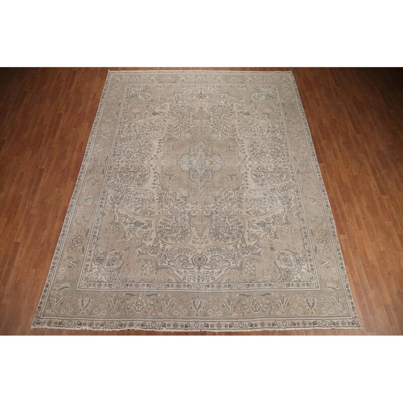 Hand Knotted Oriental 100% Wool Carpet Traditional Floral Beige & Ivories Tabriz Area Rug - 12' 7'' X 10' 0''