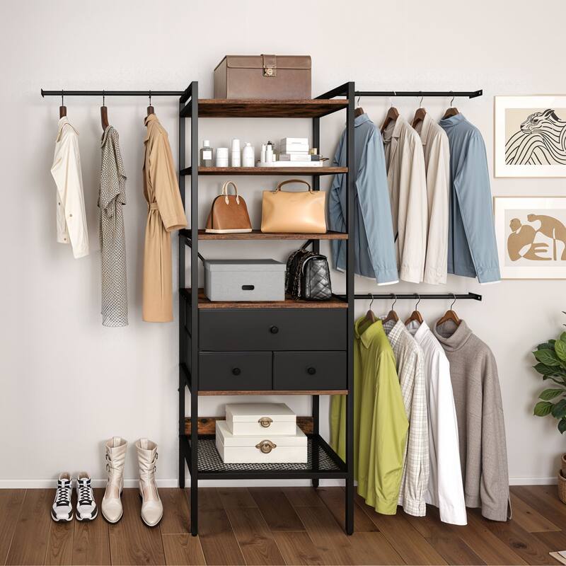 Moasis Closet Organizer with 3 Expandable Hanging Rods, Garment Rack Heavy Duty Clothes Rack with Storage Shelves and 3 Drawers - Black