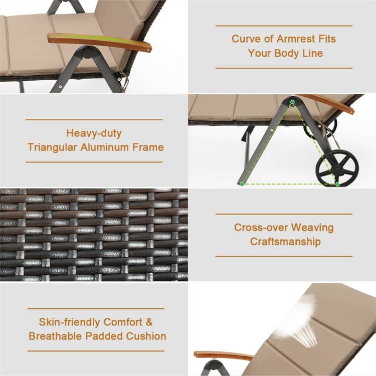 Premium Outdoor Rattan Chaise Lounge Recliner Chair for Relaxation - 56.5"~ 73" x 27.5" x 29.5"~44" (LX WX H)
