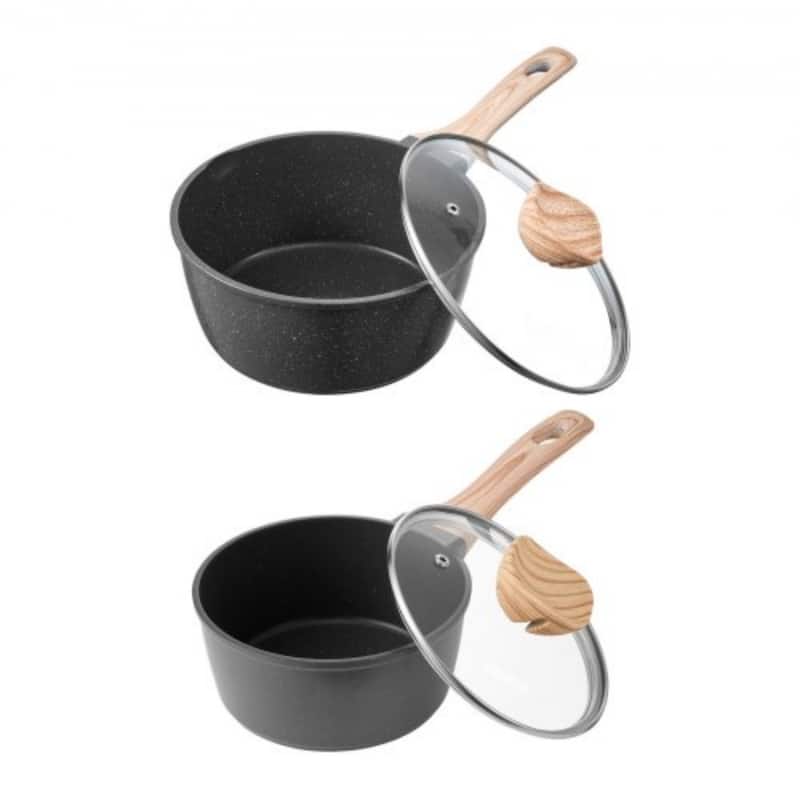 Black Aluminum Alloy Saucepan Set 1.5QT and 2.5QT with Glass Lids - 2.5 QT: 14.57 L x 8.27 W x 6.1 in. - Black