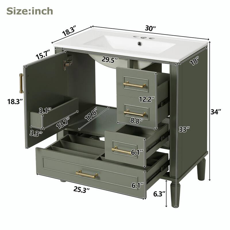 30" Bathroom Vanity with Ceramic Sink, Soft-Close Door, Built-in Shelf & Ample Storage