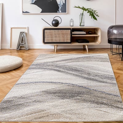 Modern Area Rug with Artistic Waves Design