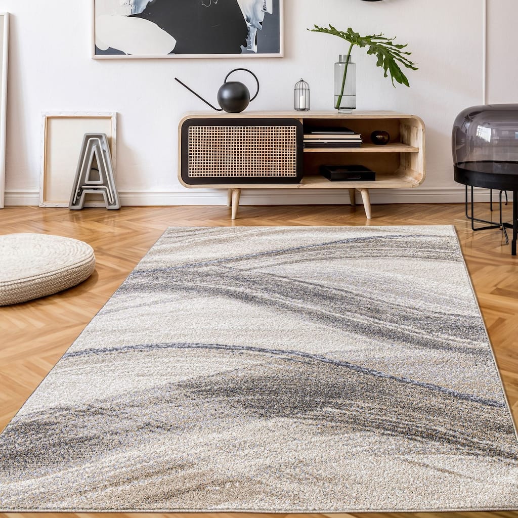 Modern Area Rug with Artistic Waves Design
