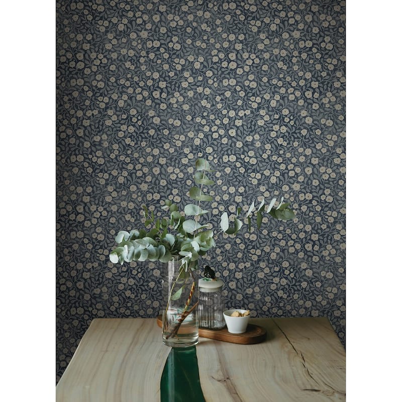 Chesapeake Poppy Trail Dark Blue Floral Wallpaper