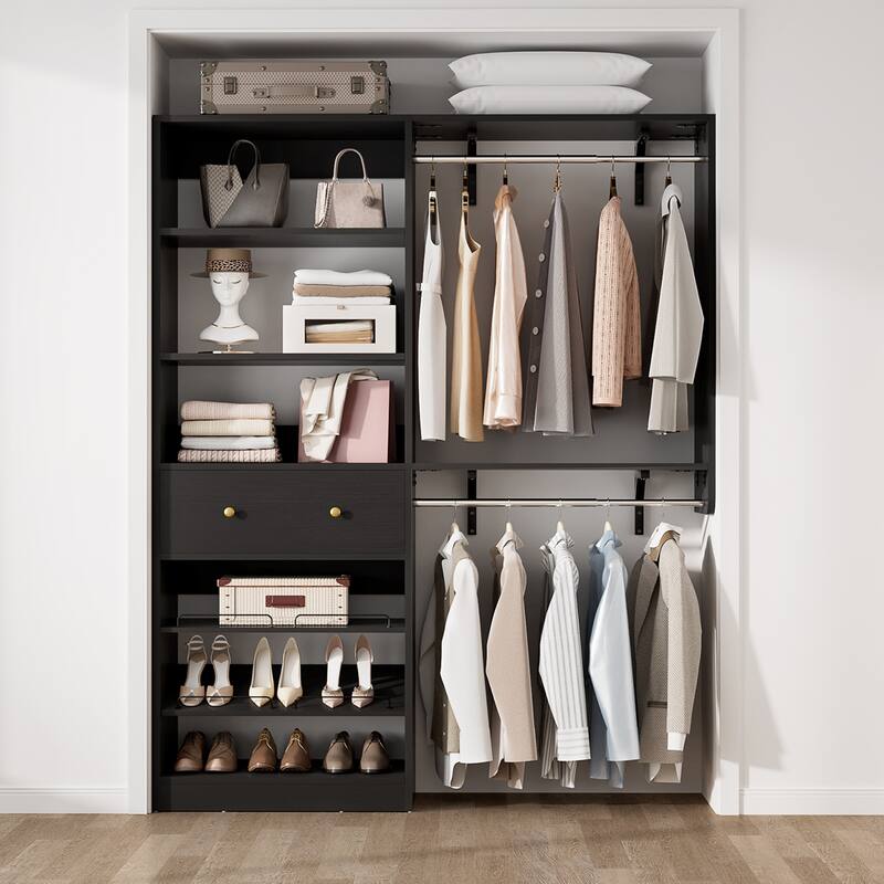 5FT Closet System with 2 Hanging Rods and Wooden Drawer, Walk-in Closet Organizer with 2 Wing Shelve and Adjustable Rack Shelves - Black