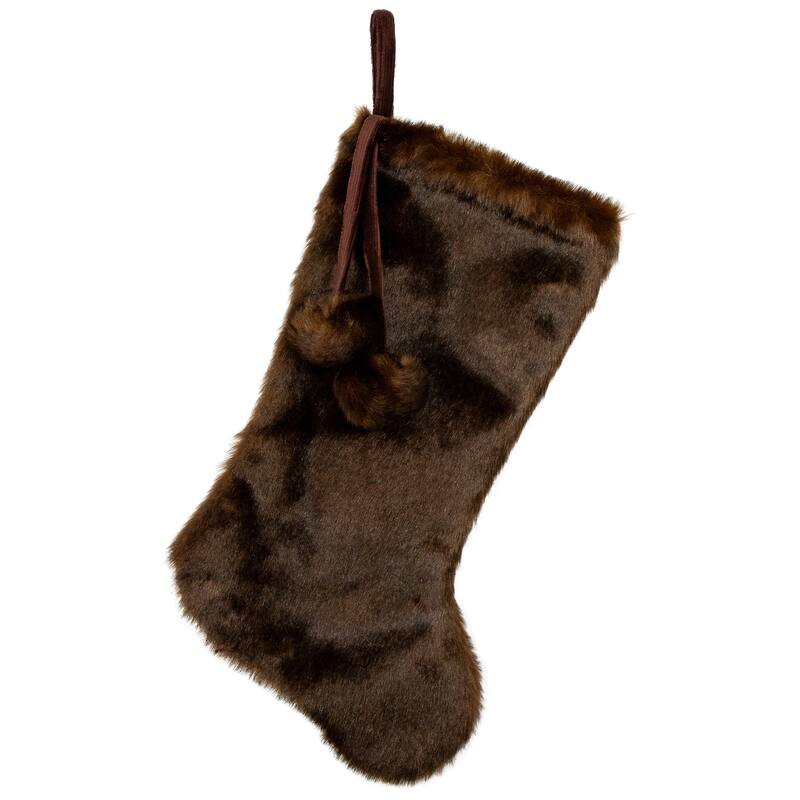 Mink Faux Fur Christmas Stocking with Pom Poms - 20.5" - Brown