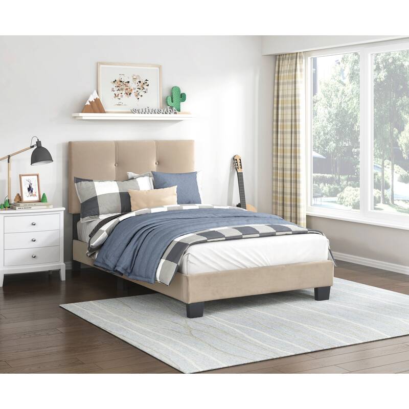 Light Brown Upholstered Solidwood Platform Bed 1pc