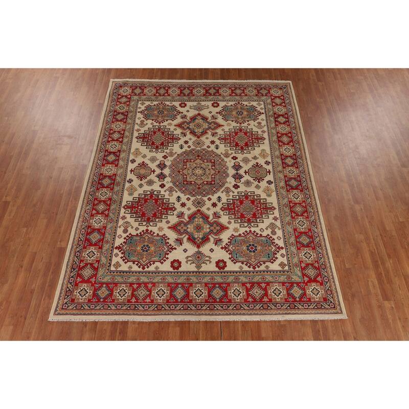 Ivory Geometric Kazak Oriental Area Rug Handmade Wool Carpet - 8'0" x 10'3"