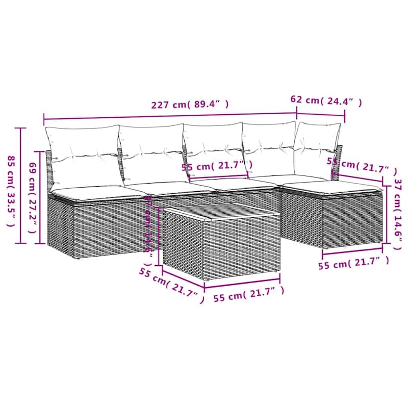 vidaXL Patio Sofa Set with Cushions Outdoor Furniture 6 Piece Poly Rattan - 21.7 x 21.7 x 14.6
