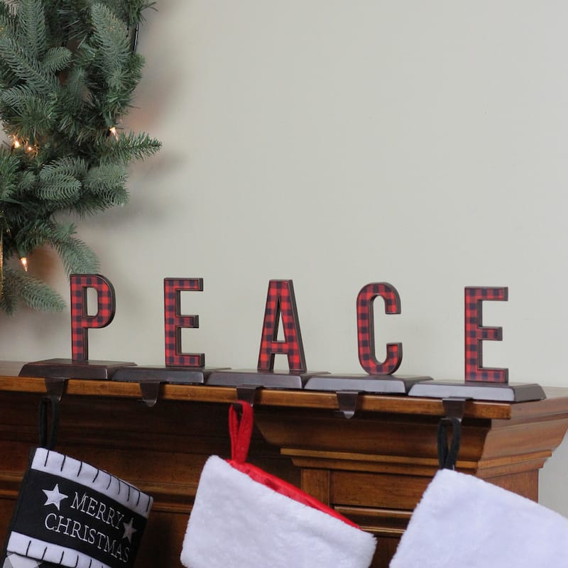 Set of 5 Red Black Buffalo Plaid "PEACE" Christmas Stocking Holder 6"