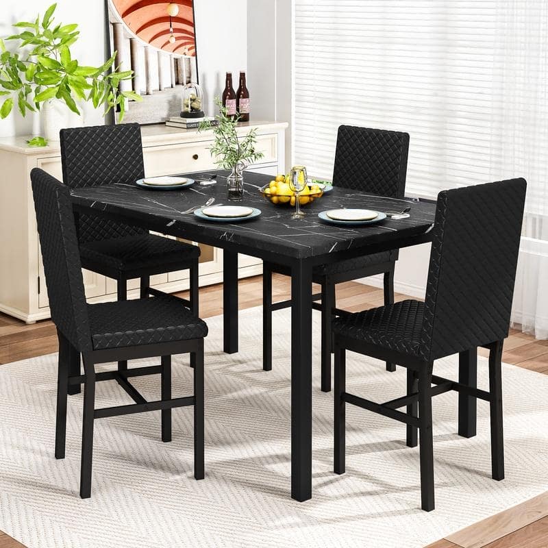 Grondin 5-Piece Dining Room Table Set with Faux Marble Table Top and Diamond Stitching Velvet Upholstery Dining Chairs