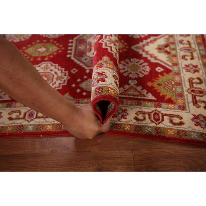 Geometric Red Kazak Accent Rug Hand-Knotted Oriental Wool Carpet - 2'7" x 4'1"