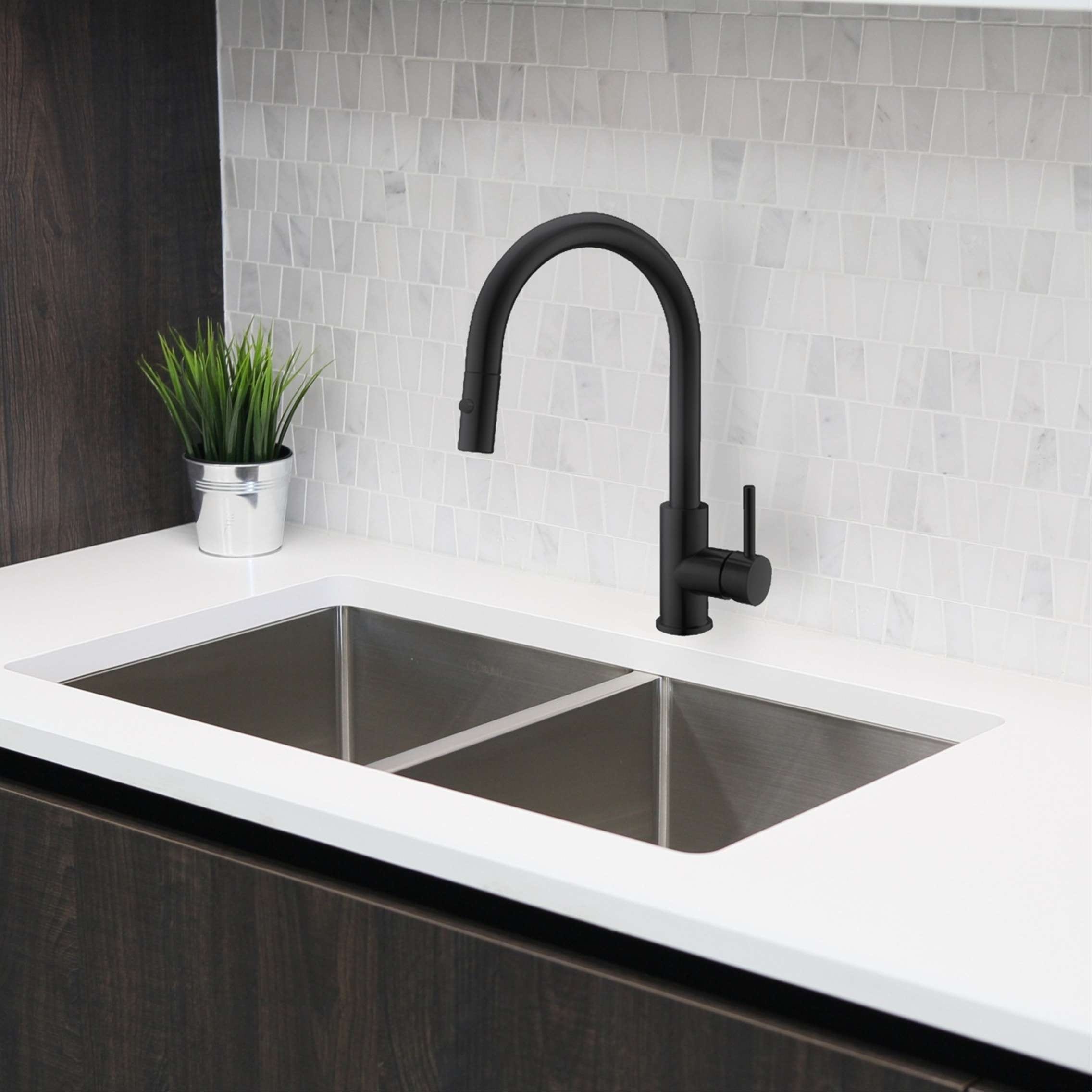 STYLISH Stainless Steel Single Handle Pull Down Kitchen Faucet Lead Free - Faucet Height: 14 1/8" | Spout Height: 6 3/4"