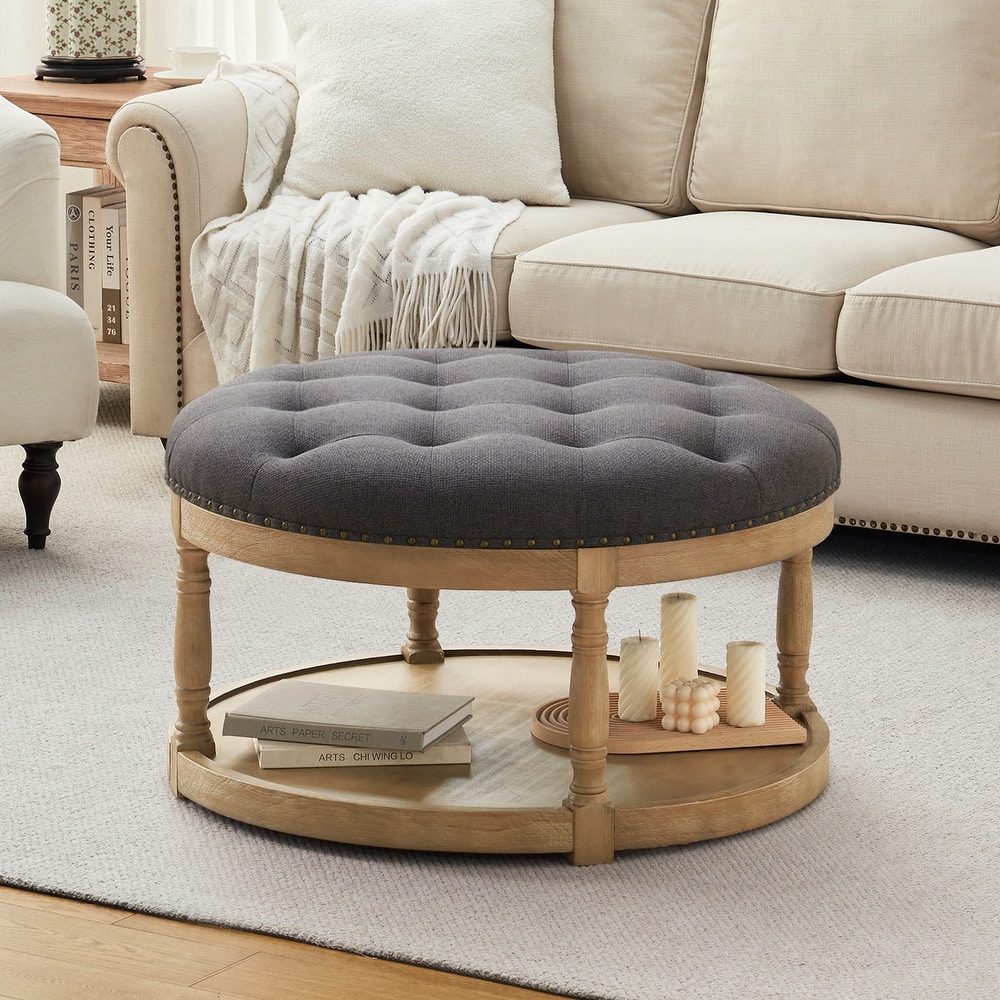 HUIMO 33in Round Upholstered Solid Wood Ottoman Coffee Table with Storage Shelf