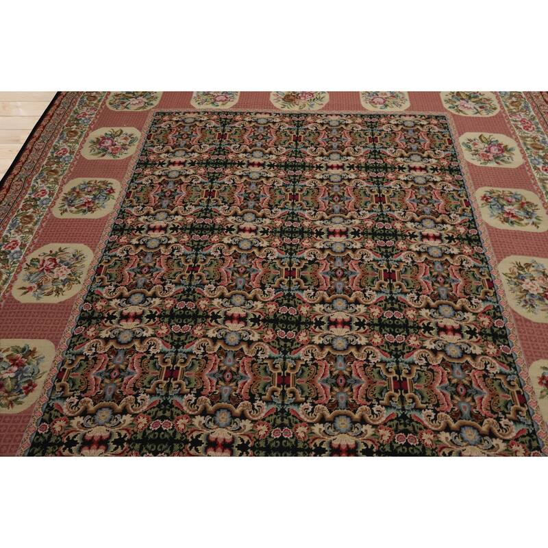 7'8''x9'8'' Hand Woven Wool Black Aubusson Needlepoint Floral Area Rug - 7' 8'' x 9' 8''