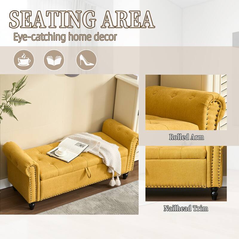 Upholstered Storage Ottoman Bench - Button Tufted Linen Ottoman with Hidden Storage for Living Room or Bedroom
