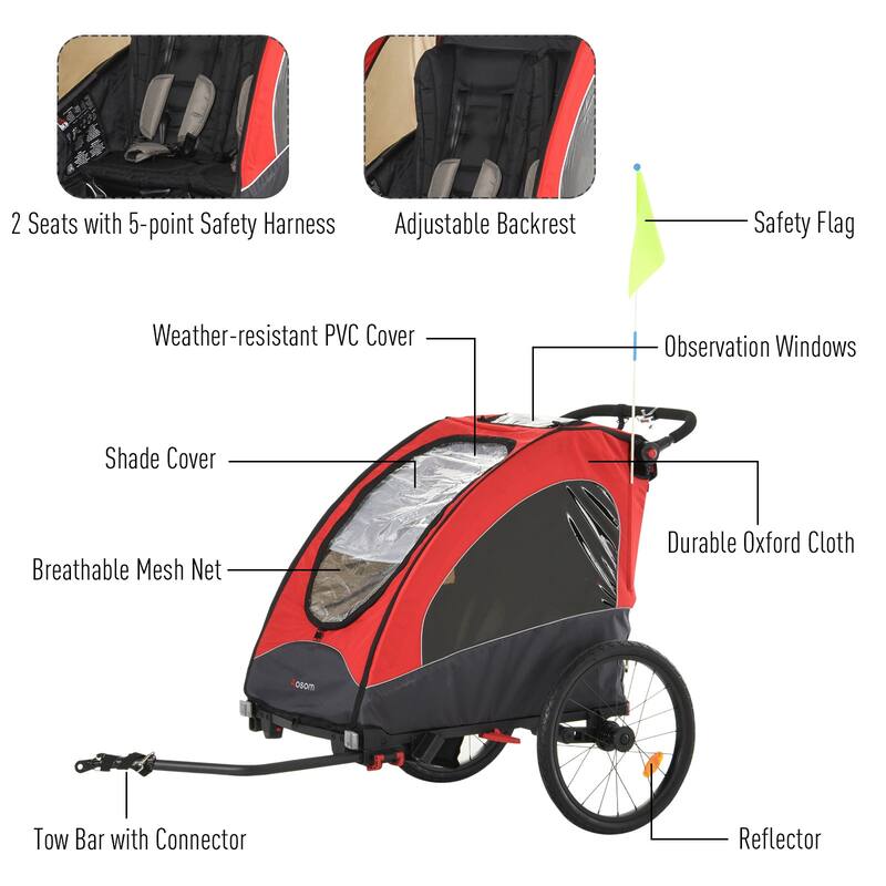 Aosom 3-in-1 Folding Child Bike Trailer Jogging & Baby Stroller with Shock Absorbing Frame & Adjustable Handlebar